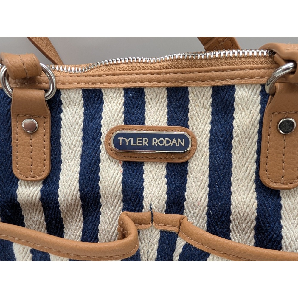 Tyler Rodan Navy Blue Cream Tan Striped Woven Canvas Nautical Shoulder Bag Purse - Picture 2 of 6